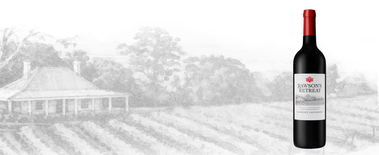 Wine of the Month Banner: Rawson's Retreat Cabernet Sauvignon, bottle shown against a vineyard illustration