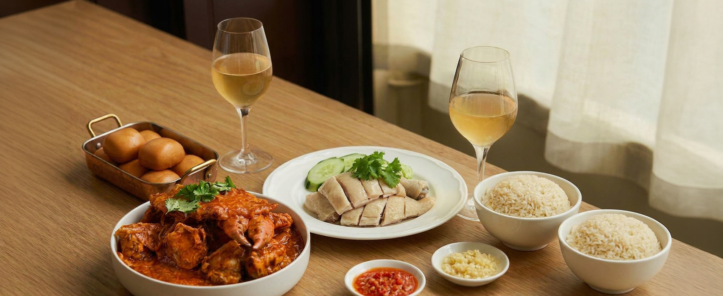 Singapore hawker dishes, including chilli crab and chicken rice, served with two glasses of white wine.