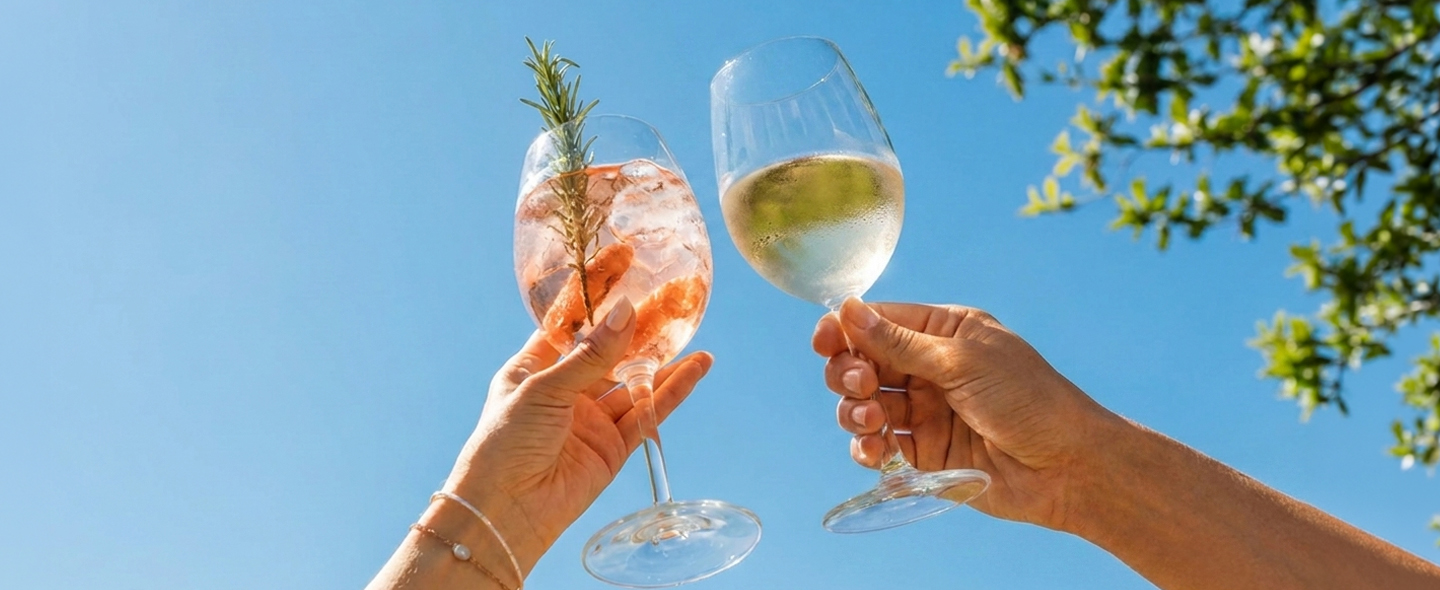 Hands toasting with white wine and a pink spritz against a clear blue sky.