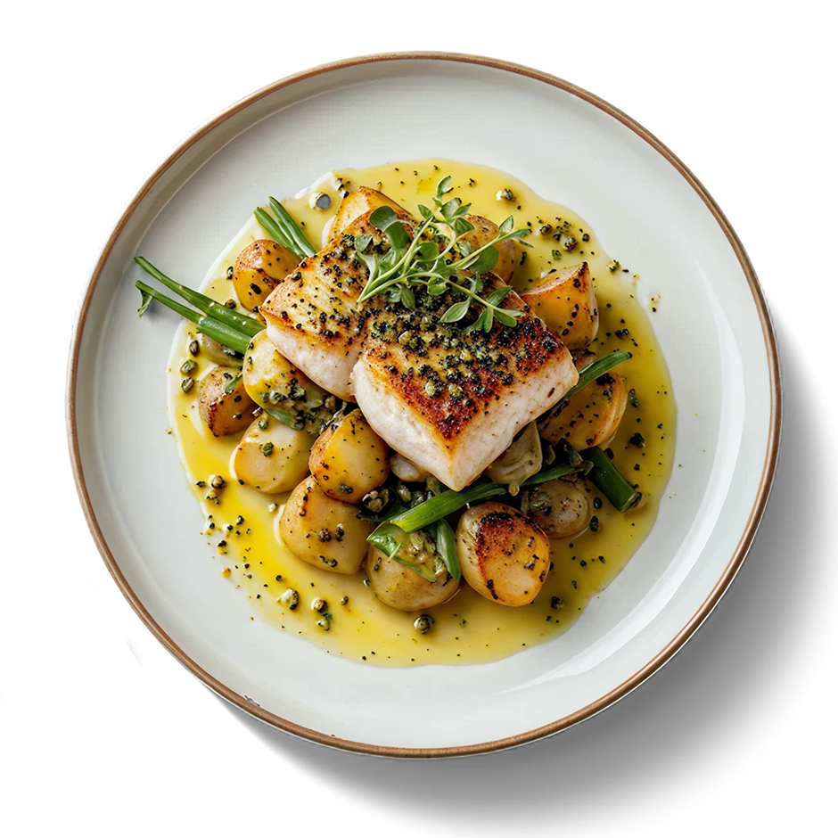 Pan-seared white fish with roast potatoes and green beans in lemon herb sauce.