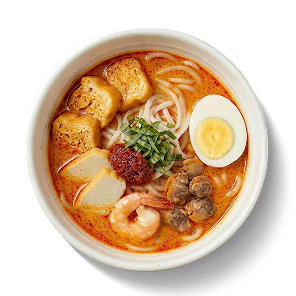 Spicy laksa noodles with shrimp, cockles, tofu puffs, egg and chilli.