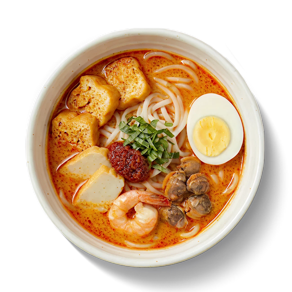 Spicy laksa noodles with shrimp, cockles, tofu puffs, egg and chilli.