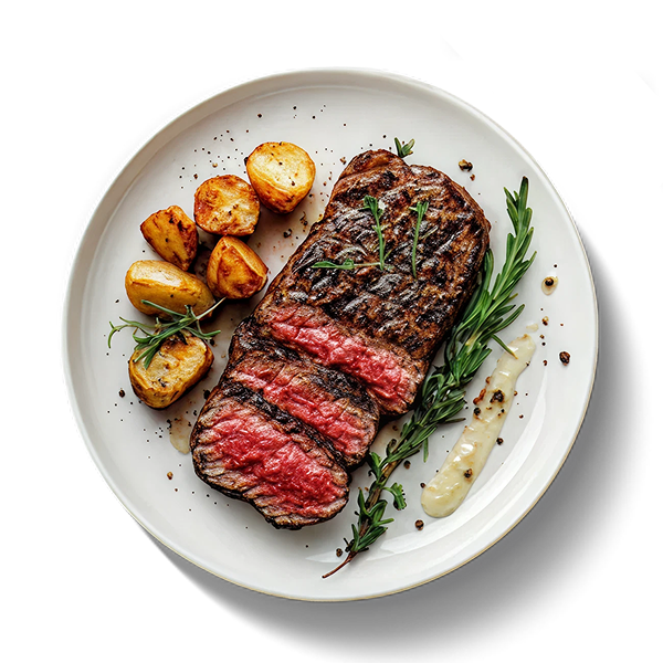 Medium-rare steak with roast potatoes, rosemary and sauce on a white plate.