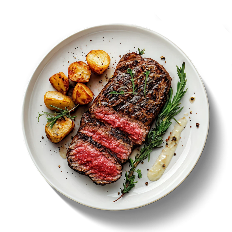 Medium-rare steak with roast potatoes, rosemary and sauce on a white plate.